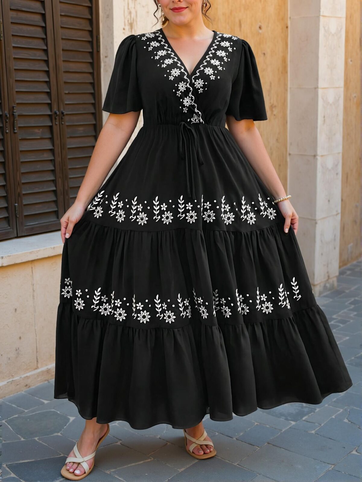 Elegant Black Bohemian Crossed Neck Floral Embroidery Ruffled Hem Short Sleeve Dress for Spring and Summer Chic, Classy and Trendy Fashion Style to Dress to Impress