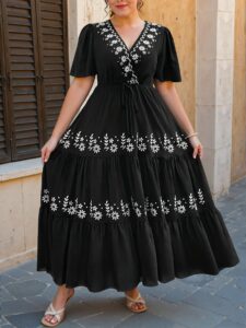 Elegant Black Bohemian Crossed Neck Floral Embroidery Ruffled Hem Short Sleeve Dress for Spring and Summer Chic, Classy and Trendy Fashion Style to Dress to Impress