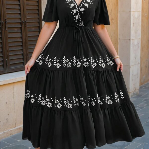 Elegant Black Bohemian Crossed Neck Floral Embroidery Ruffled Hem Short Sleeve Dress for Spring and Summer Chic, Classy and Trendy Fashion Style to Dress to Impress