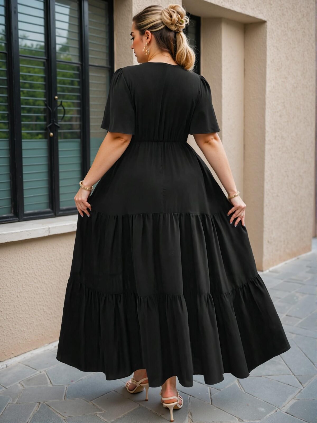 Elegant Black Bohemian Crossed Neck Floral Embroidery Ruffled Hem Short Sleeve Dress for Spring and Summer Chic, Classy and Trendy Fashion Style to Dress to Impress - Image 2