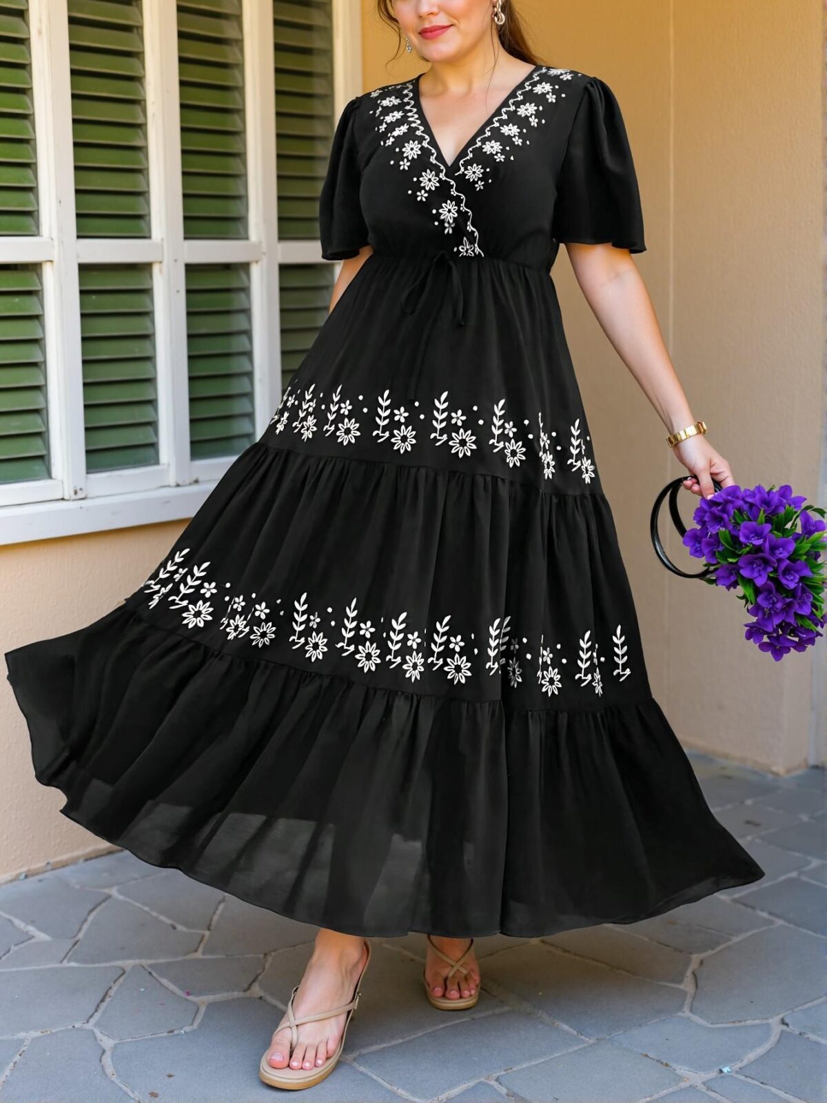 Elegant Black Bohemian Crossed Neck Floral Embroidery Ruffled Hem Short Sleeve Dress for Spring and Summer Chic, Classy and Trendy Fashion Style to Dress to Impress - Image 3