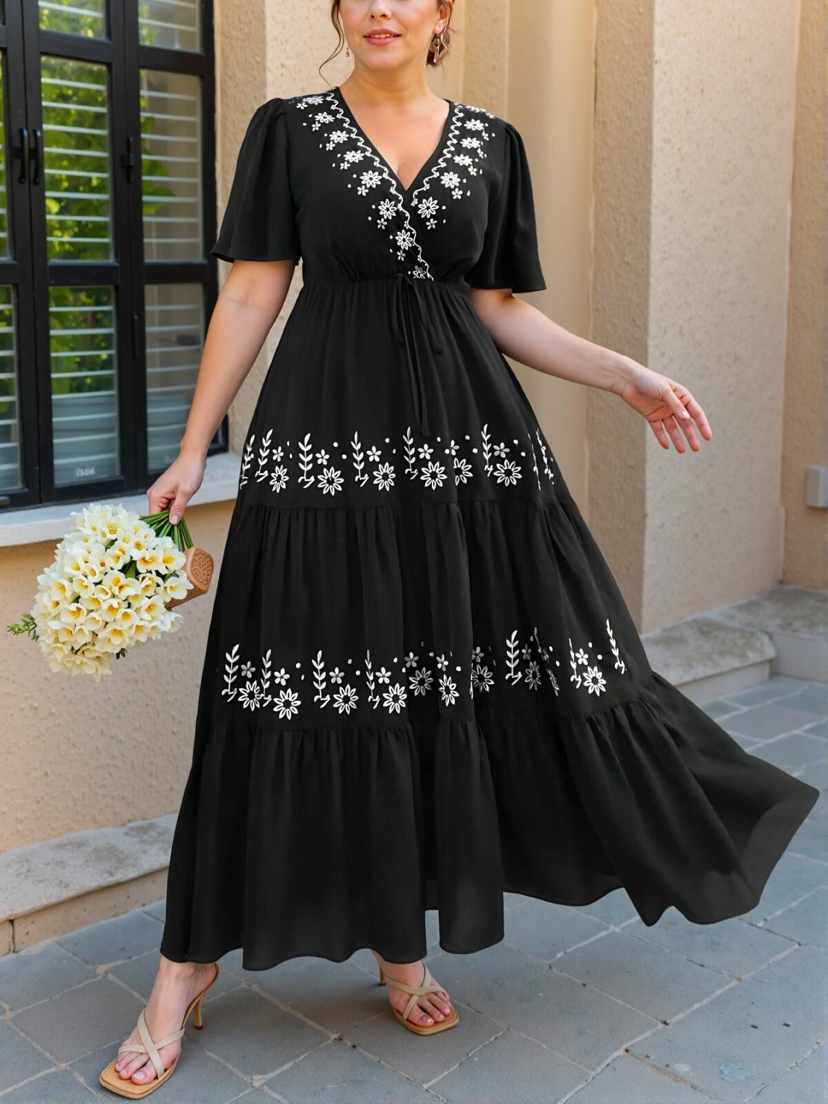 Elegant Black Bohemian Crossed Neck Floral Embroidery Ruffled Hem Short Sleeve Dress for Spring and Summer Chic, Classy and Trendy Fashion Style to Dress to Impress - Image 4