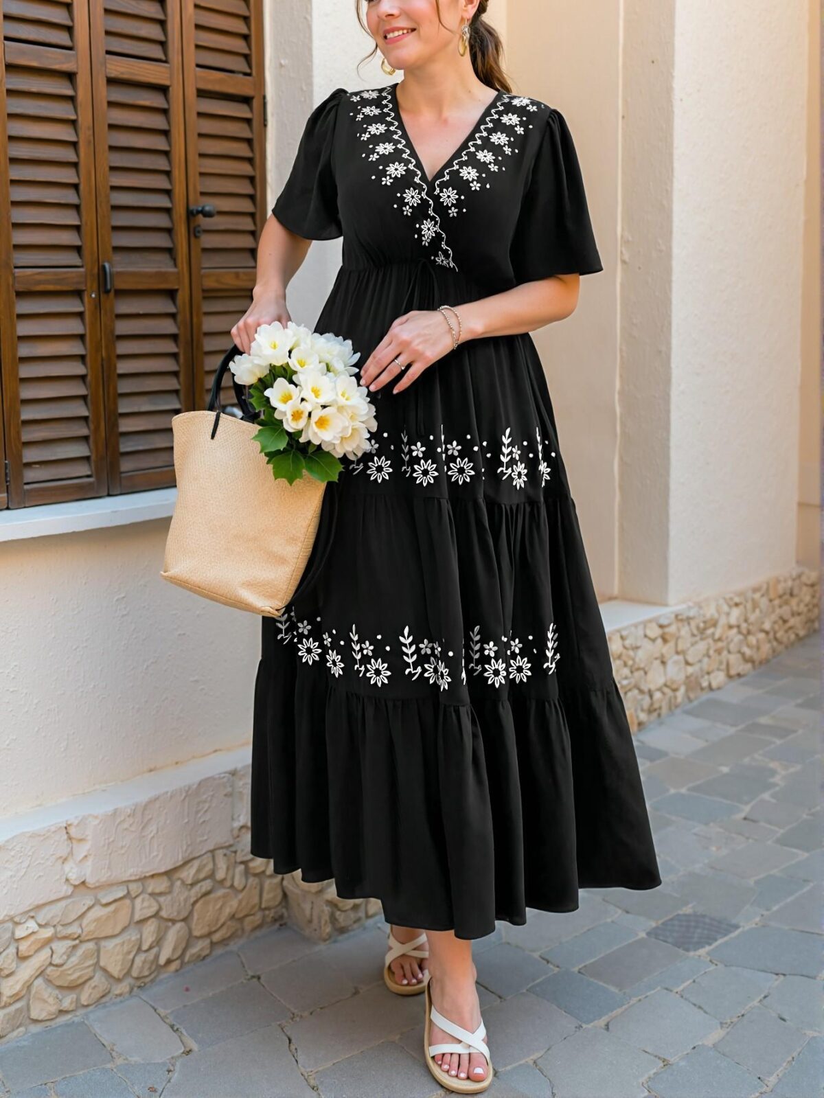 Elegant Black Bohemian Crossed Neck Floral Embroidery Ruffled Hem Short Sleeve Dress for Spring and Summer Chic, Classy and Trendy Fashion Style to Dress to Impress - Image 5
