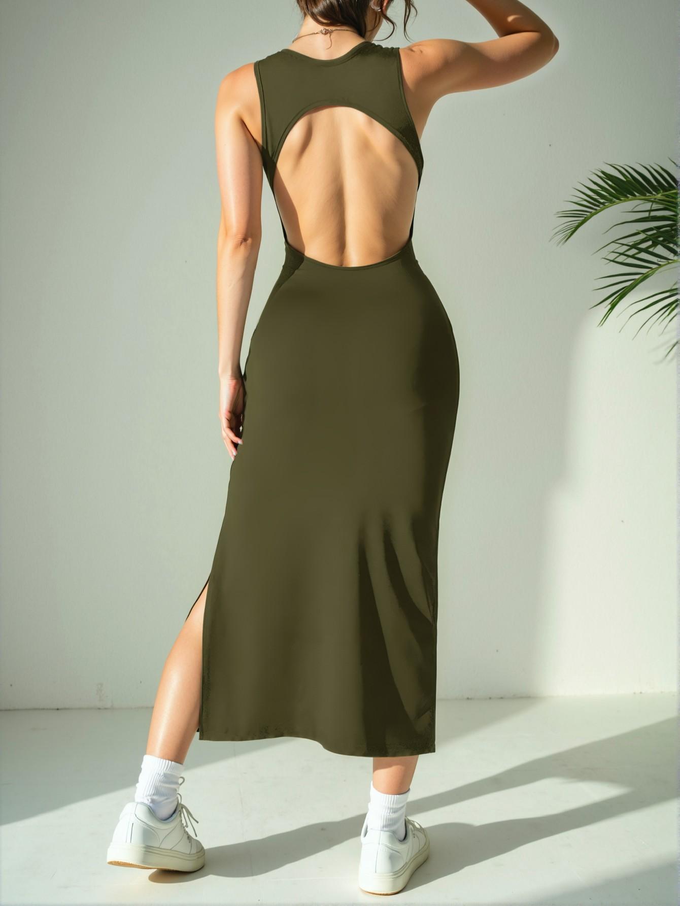 Elegant Army Green Effortless Backless Sleeveless Midi Dress for Spring and Summer - Chic, Classy and Trendy Fashion Style to Dress to Impress