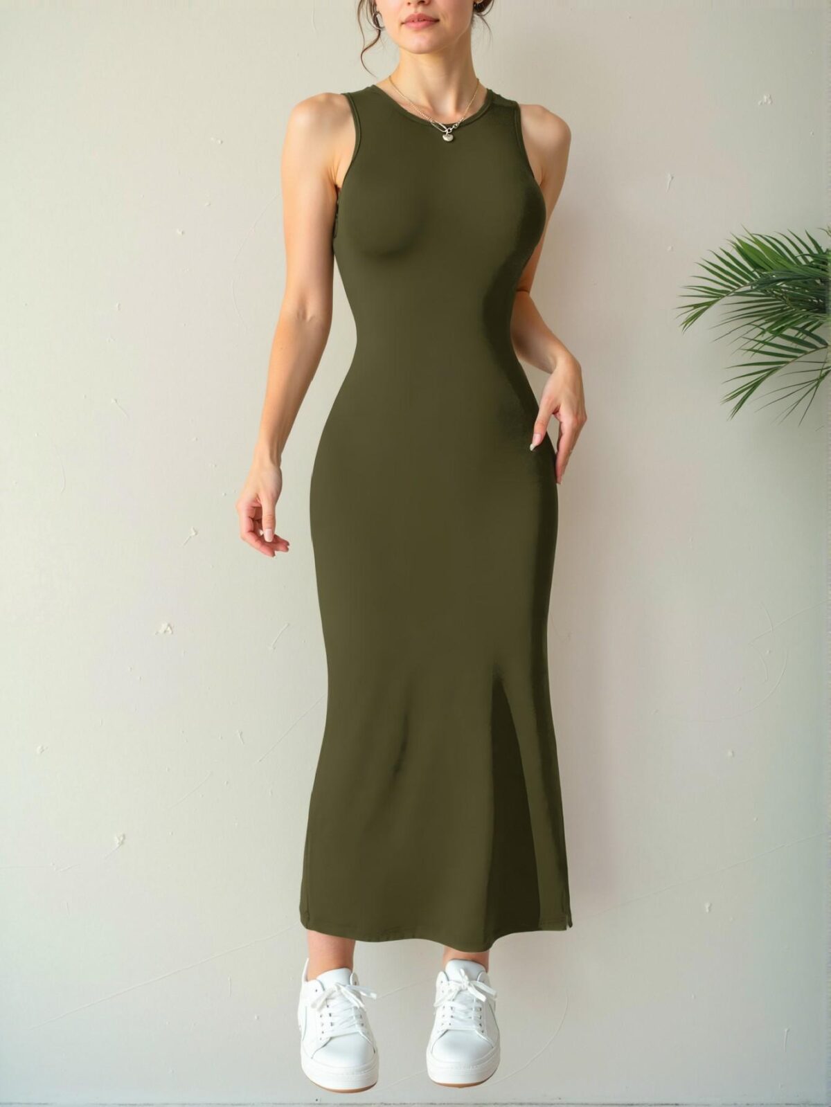 Elegant Army Green Effortless Backless Sleeveless Midi Dress for Spring and Summer - Chic, Classy and Trendy Fashion Style to Dress to Impress - Image 2