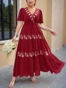 Elegant Burgundy Boho Cross Neck Floral Embroidery Ruffle Hem Short Sleeve Dress for Spring/Summer Chic, Classy and Trendy Fashion Style to Dress to Impress