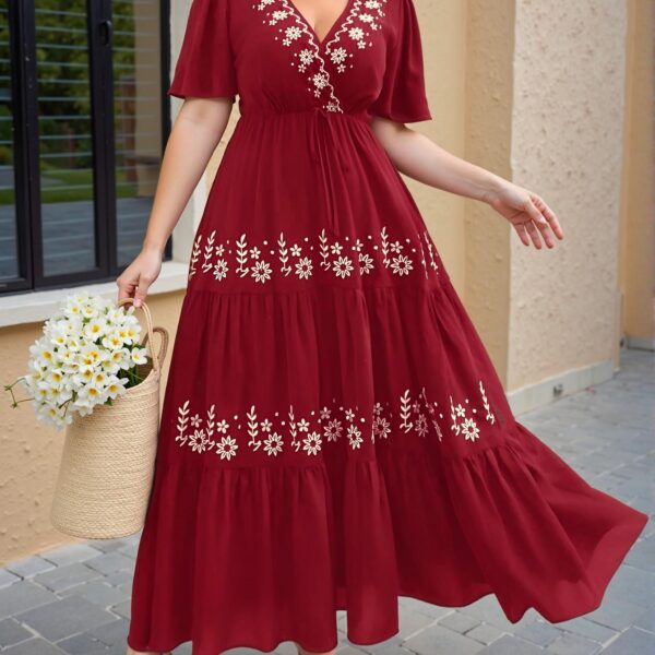 Elegant Burgundy Boho Cross Neck Floral Embroidery Ruffle Hem Short Sleeve Dress for Spring/Summer Chic, Classy and Trendy Fashion Style to Dress to Impress