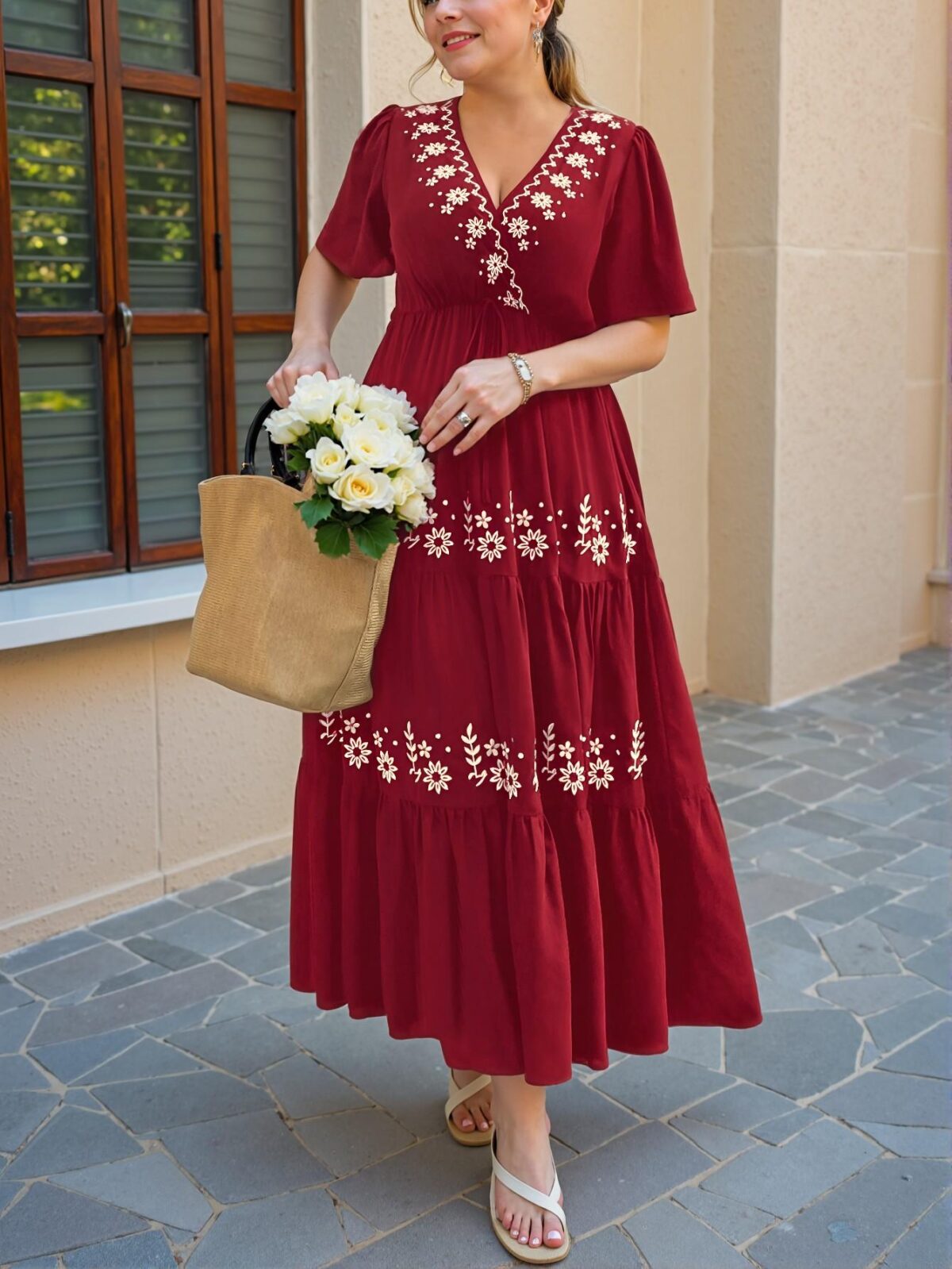 Elegant Burgundy Boho Cross Neck Floral Embroidery Ruffle Hem Short Sleeve Dress for Spring/Summer Chic, Classy and Trendy Fashion Style to Dress to Impress - Image 3