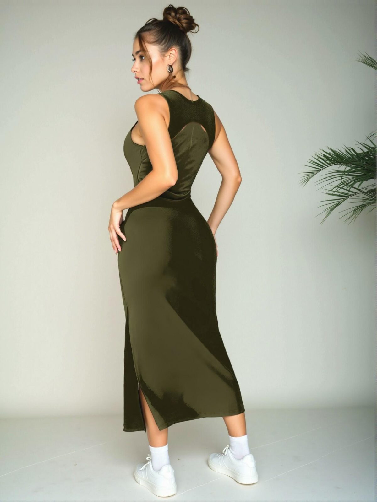 Elegant Army Green Effortless Backless Sleeveless Midi Dress for Spring and Summer - Chic, Classy and Trendy Fashion Style to Dress to Impress - Image 4