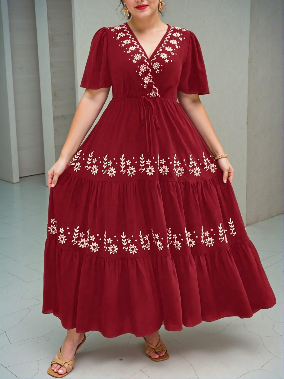 Elegant Burgundy Boho Cross Neck Floral Embroidery Ruffle Hem Short Sleeve Dress for Spring/Summer Chic, Classy and Trendy Fashion Style to Dress to Impress - Image 4