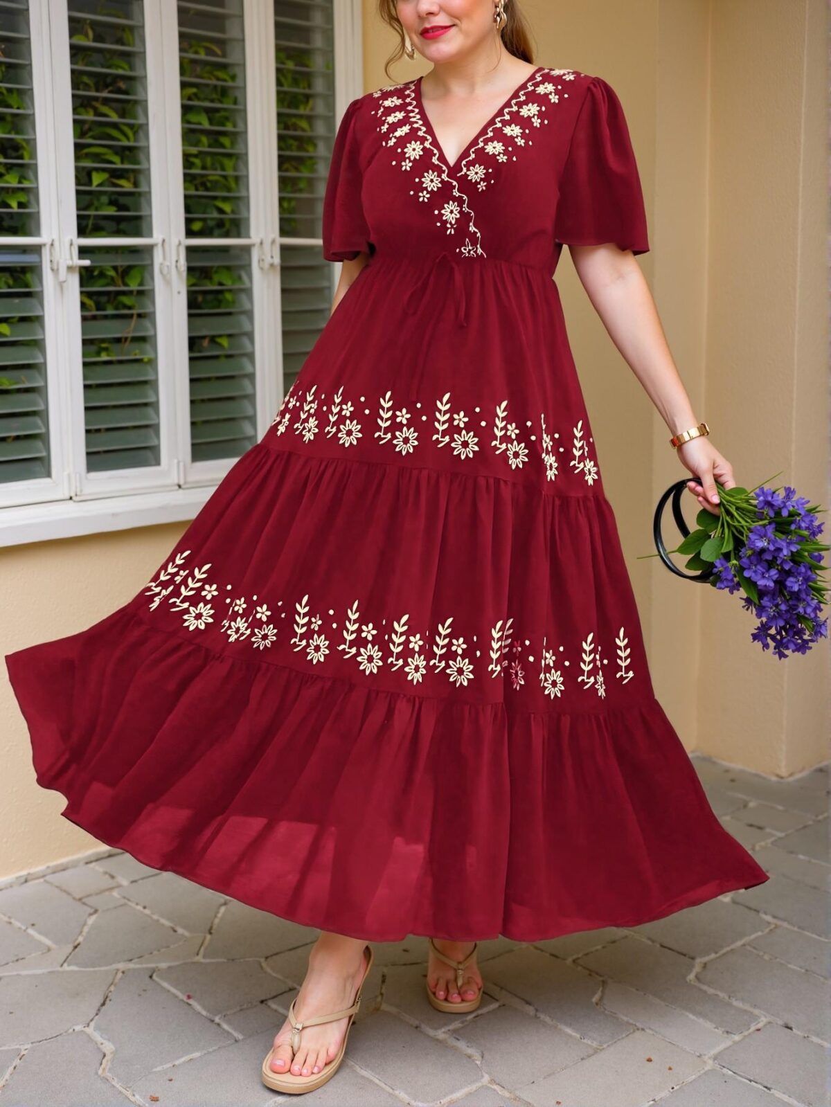 Elegant Burgundy Boho Cross Neck Floral Embroidery Ruffle Hem Short Sleeve Dress for Spring/Summer Chic, Classy and Trendy Fashion Style to Dress to Impress - Image 5