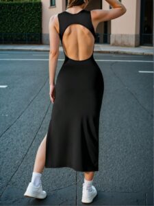 Elegant Black Backless and Side Slit Midi Dress for Spring and Summer - Chic, Classy and Trendy Fashion Style to Dress to Impress
