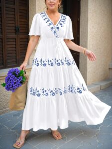 Elegant White Boho Floral Embroidered Ruffle Hem Short Sleeve Mini Dress for Spring and Summer Chic, Classy and Trendy Fashion Style to Dress to Impress