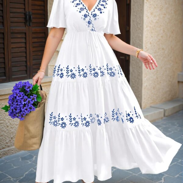 Elegant White Boho Floral Embroidered Ruffle Hem Short Sleeve Mini Dress for Spring and Summer Chic, Classy and Trendy Fashion Style to Dress to Impress