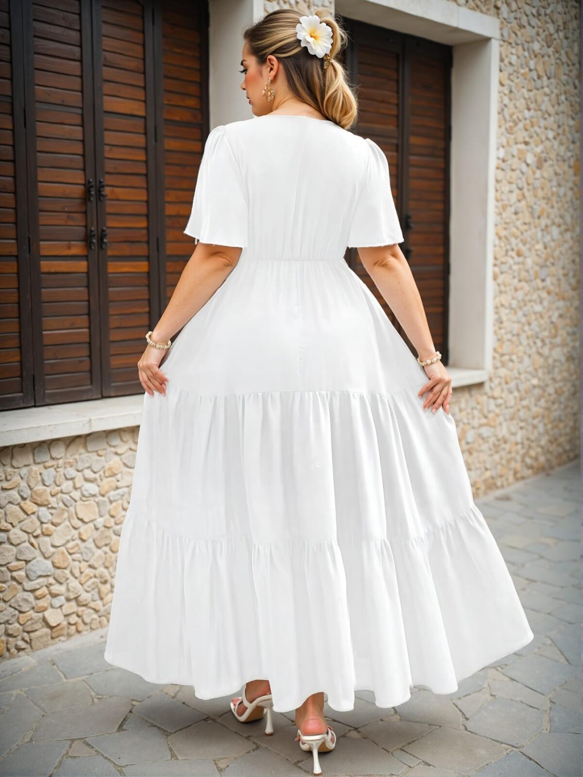 Elegant White Boho Floral Embroidered Ruffle Hem Short Sleeve Mini Dress for Spring and Summer Chic, Classy and Trendy Fashion Style to Dress to Impress - Image 2