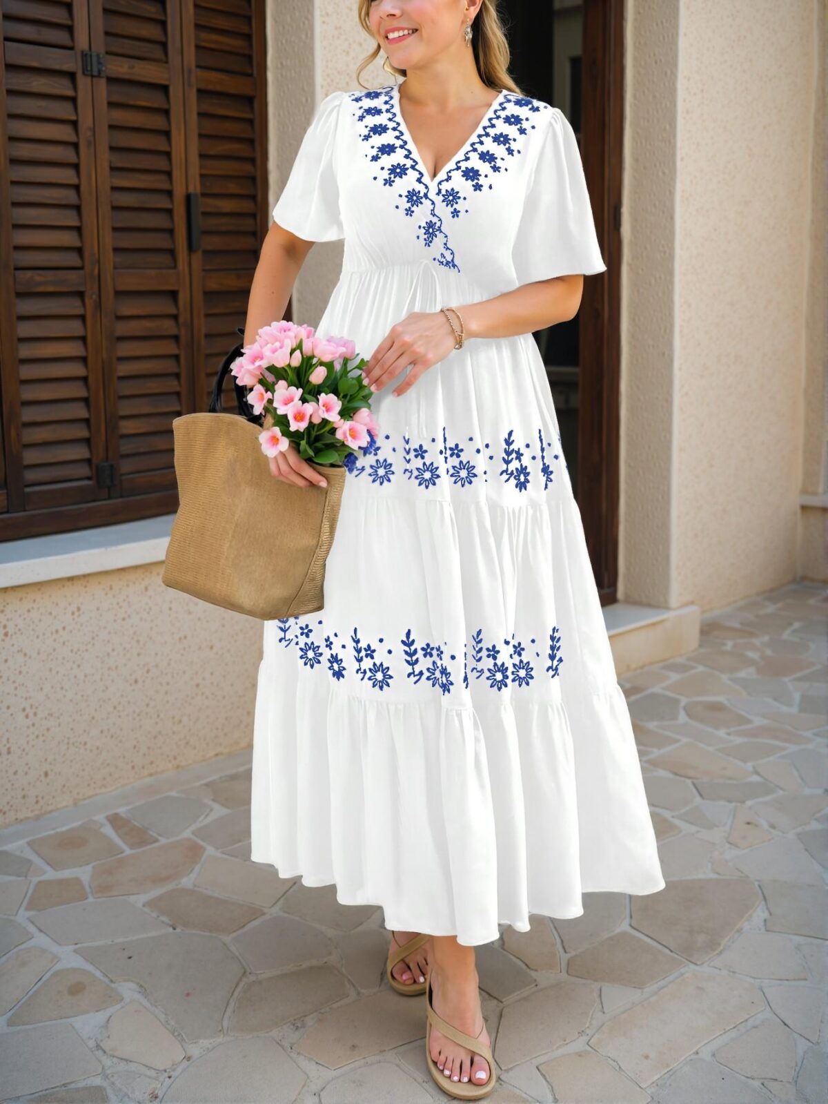 Elegant White Boho Floral Embroidered Ruffle Hem Short Sleeve Mini Dress for Spring and Summer Chic, Classy and Trendy Fashion Style to Dress to Impress - Image 3