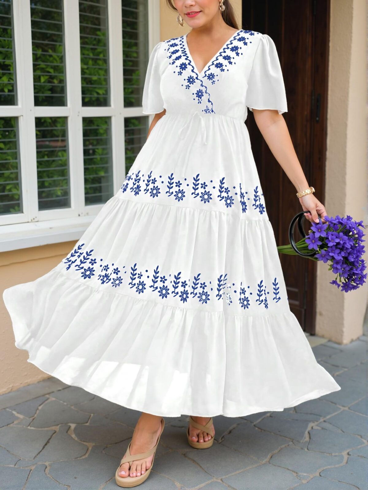 Elegant White Boho Floral Embroidered Ruffle Hem Short Sleeve Mini Dress for Spring and Summer Chic, Classy and Trendy Fashion Style to Dress to Impress - Image 4