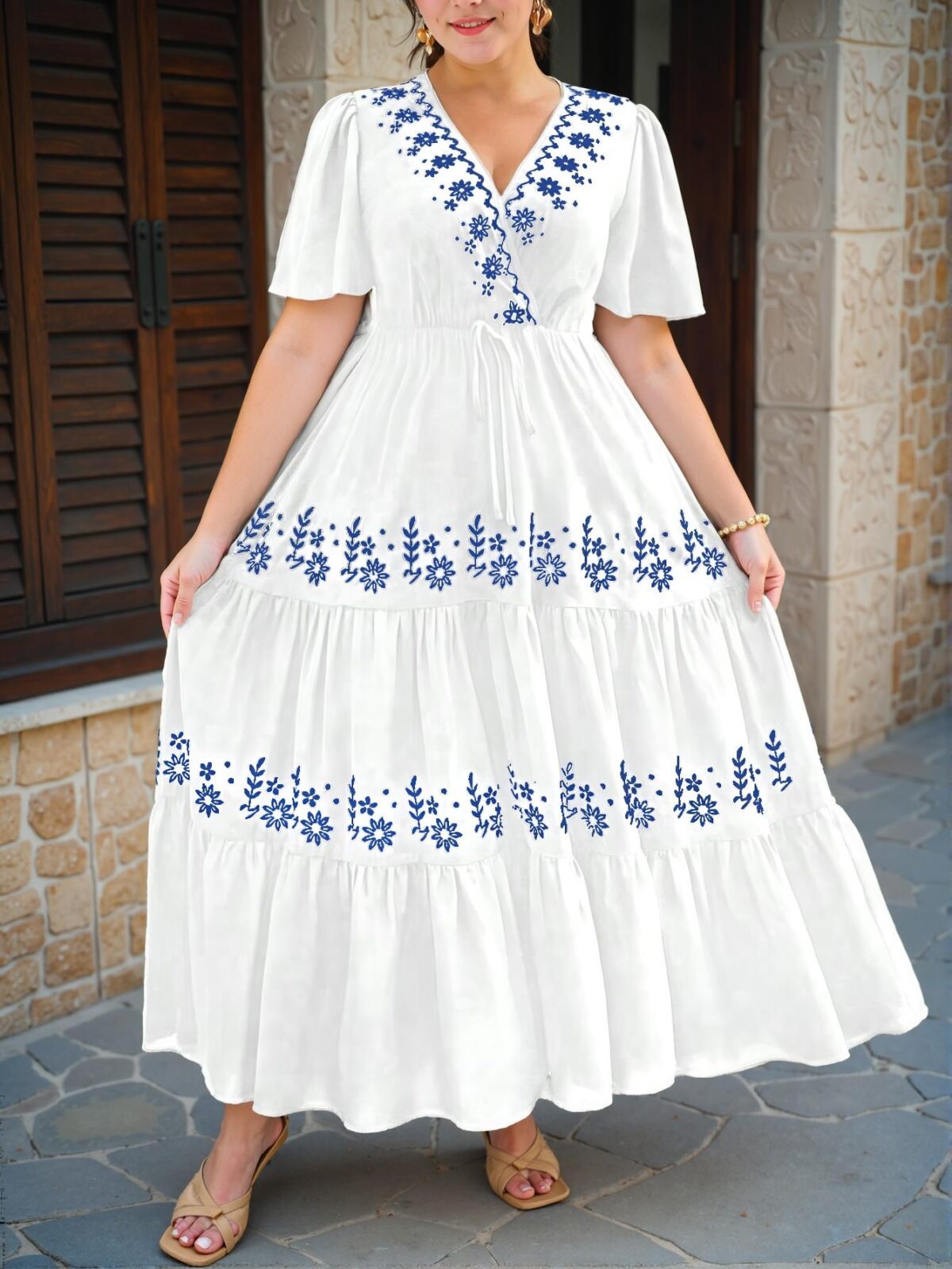 Elegant White Boho Floral Embroidered Ruffle Hem Short Sleeve Mini Dress for Spring and Summer Chic, Classy and Trendy Fashion Style to Dress to Impress - Image 5