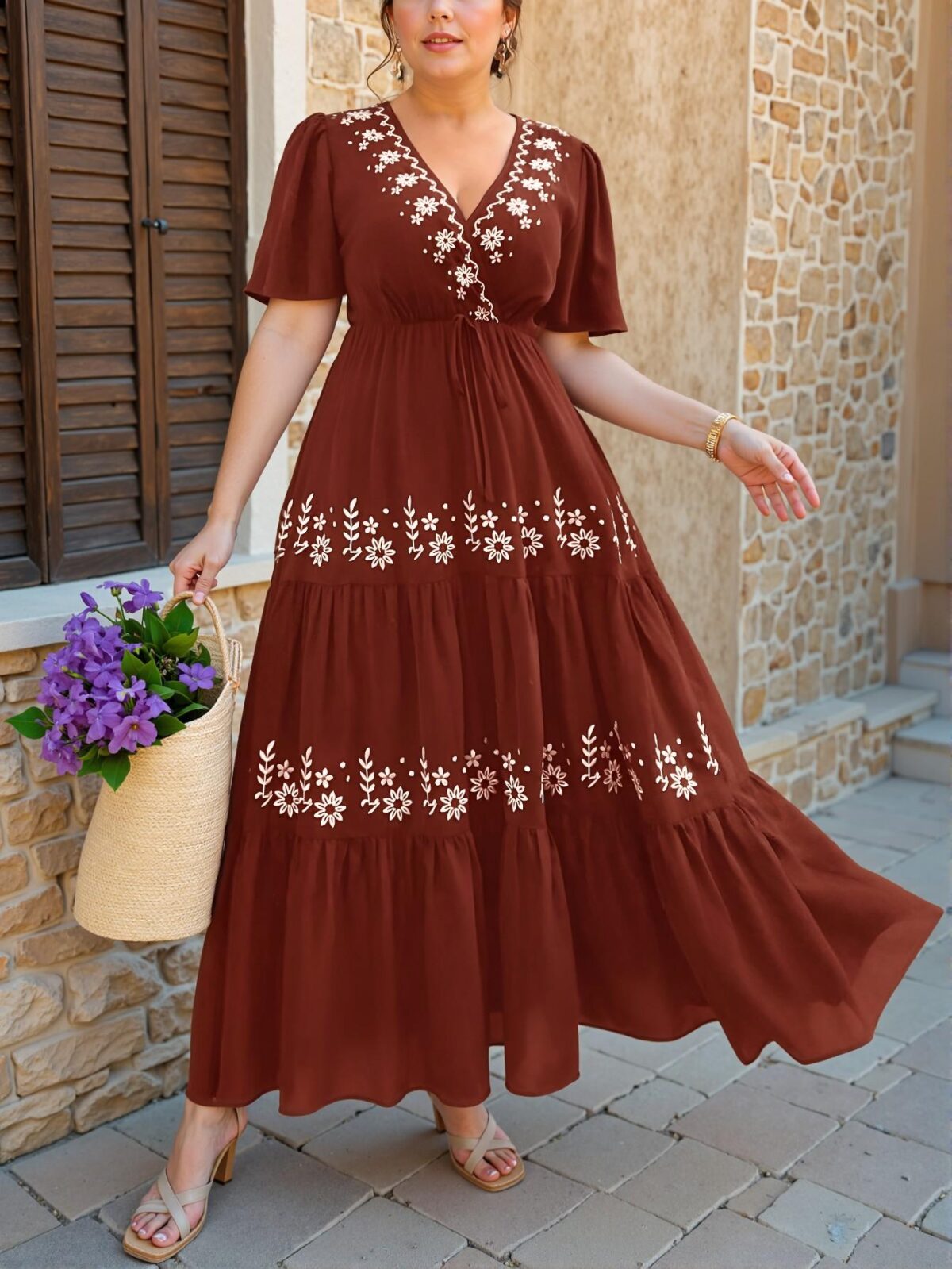 Elegant Coffee Brown Floral Embroidery Ruffle Hem Short Sleeve Dress with Cross V-Neck Design, Boho Style for Spring and Summer "Chic, Classy and Trendy Fashion Style to Dress to Impress"