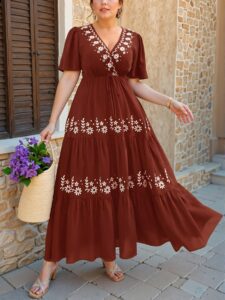 Elegant Coffee Brown Floral Embroidery Ruffle Hem Short Sleeve Dress with Cross V-Neck Design, Boho Style for Spring and Summer "Chic, Classy and Trendy Fashion Style to Dress to Impress"