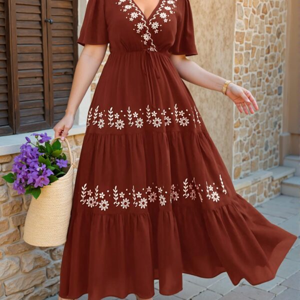 Elegant Coffee Brown Floral Embroidery Ruffle Hem Short Sleeve Dress with Cross V-Neck Design, Boho Style for Spring and Summer "Chic, Classy and Trendy Fashion Style to Dress to Impress"