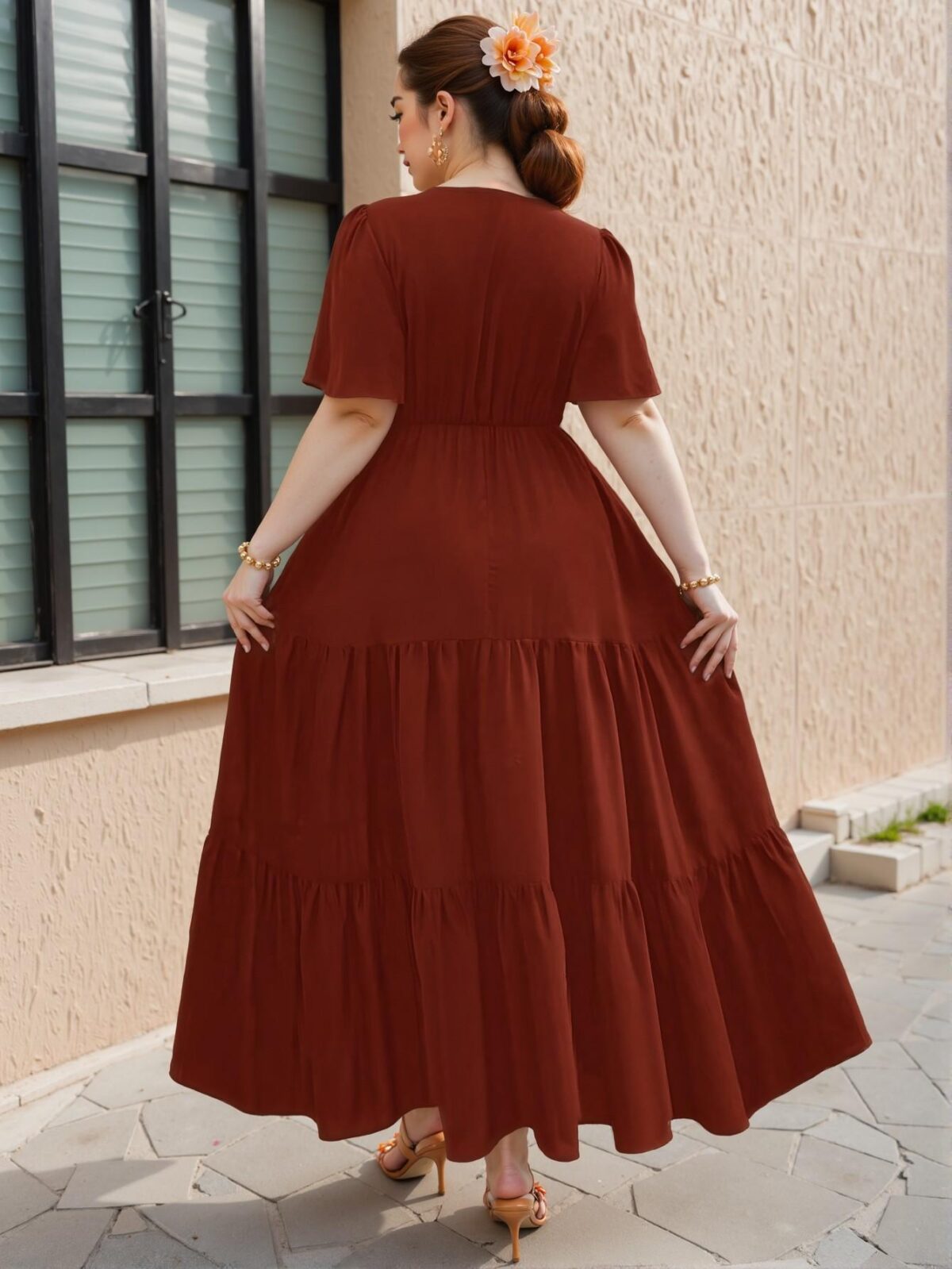 Elegant Coffee Brown Floral Embroidery Ruffle Hem Short Sleeve Dress with Cross V-Neck Design, Boho Style for Spring and Summer "Chic, Classy and Trendy Fashion Style to Dress to Impress" - Image 2