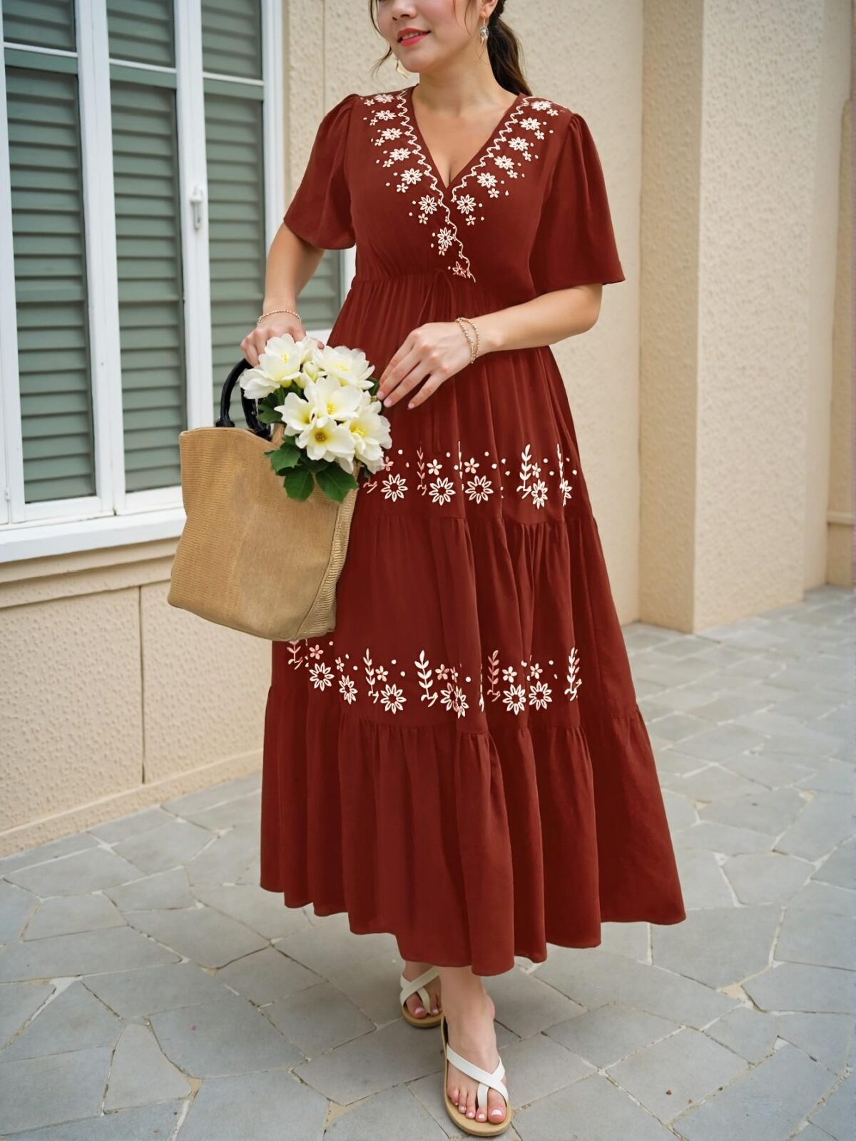 Elegant Coffee Brown Floral Embroidery Ruffle Hem Short Sleeve Dress with Cross V-Neck Design, Boho Style for Spring and Summer "Chic, Classy and Trendy Fashion Style to Dress to Impress" - Image 3