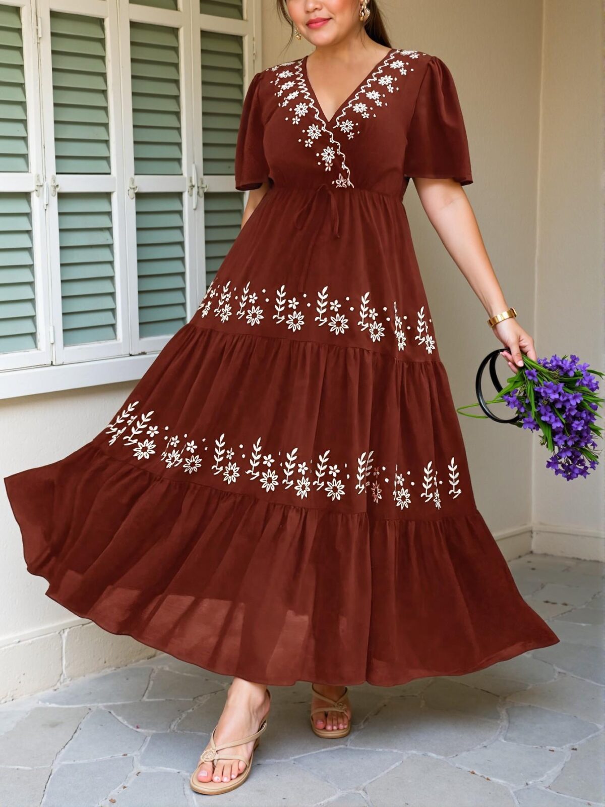 Elegant Coffee Brown Floral Embroidery Ruffle Hem Short Sleeve Dress with Cross V-Neck Design, Boho Style for Spring and Summer "Chic, Classy and Trendy Fashion Style to Dress to Impress" - Image 4