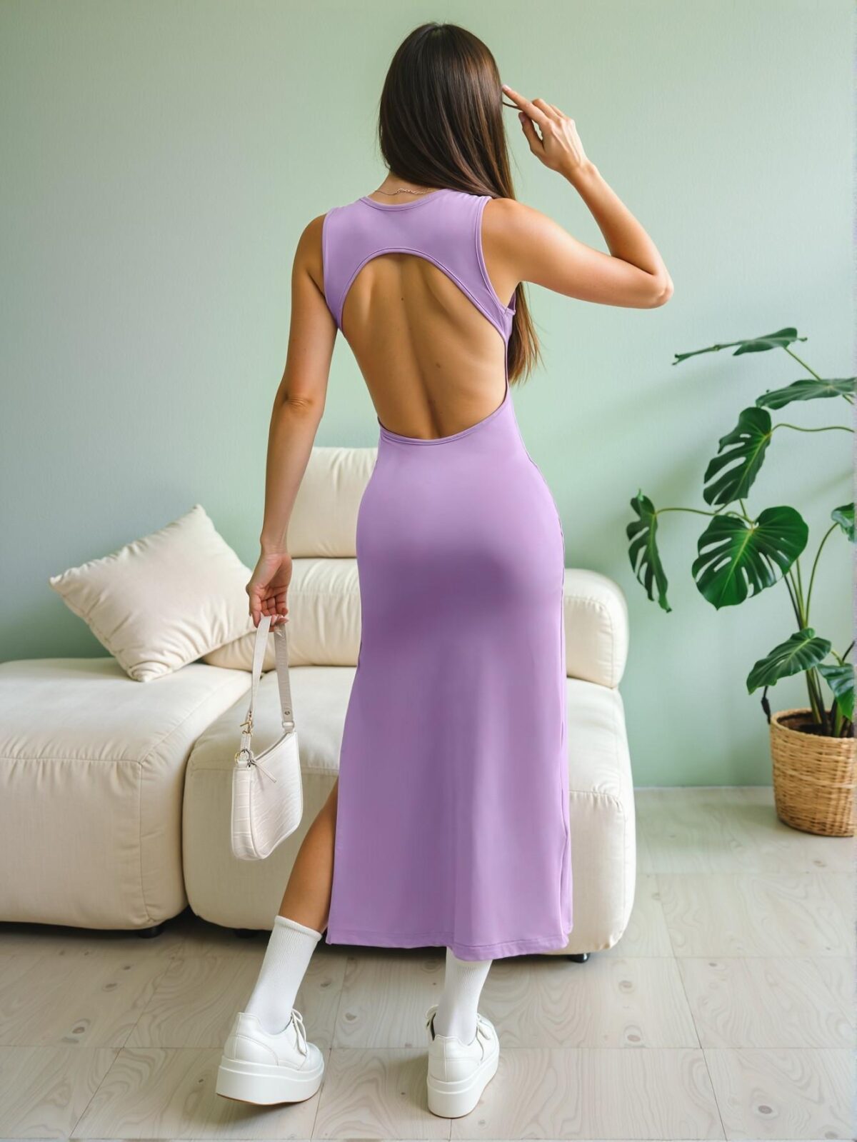 Elegant Lilac Purple Sleek Backless Bodycon Camisole Midi Dress for Spring and Summer - Chic, Classy and Trendy Fashion Style to Dress to Impress - Image 5