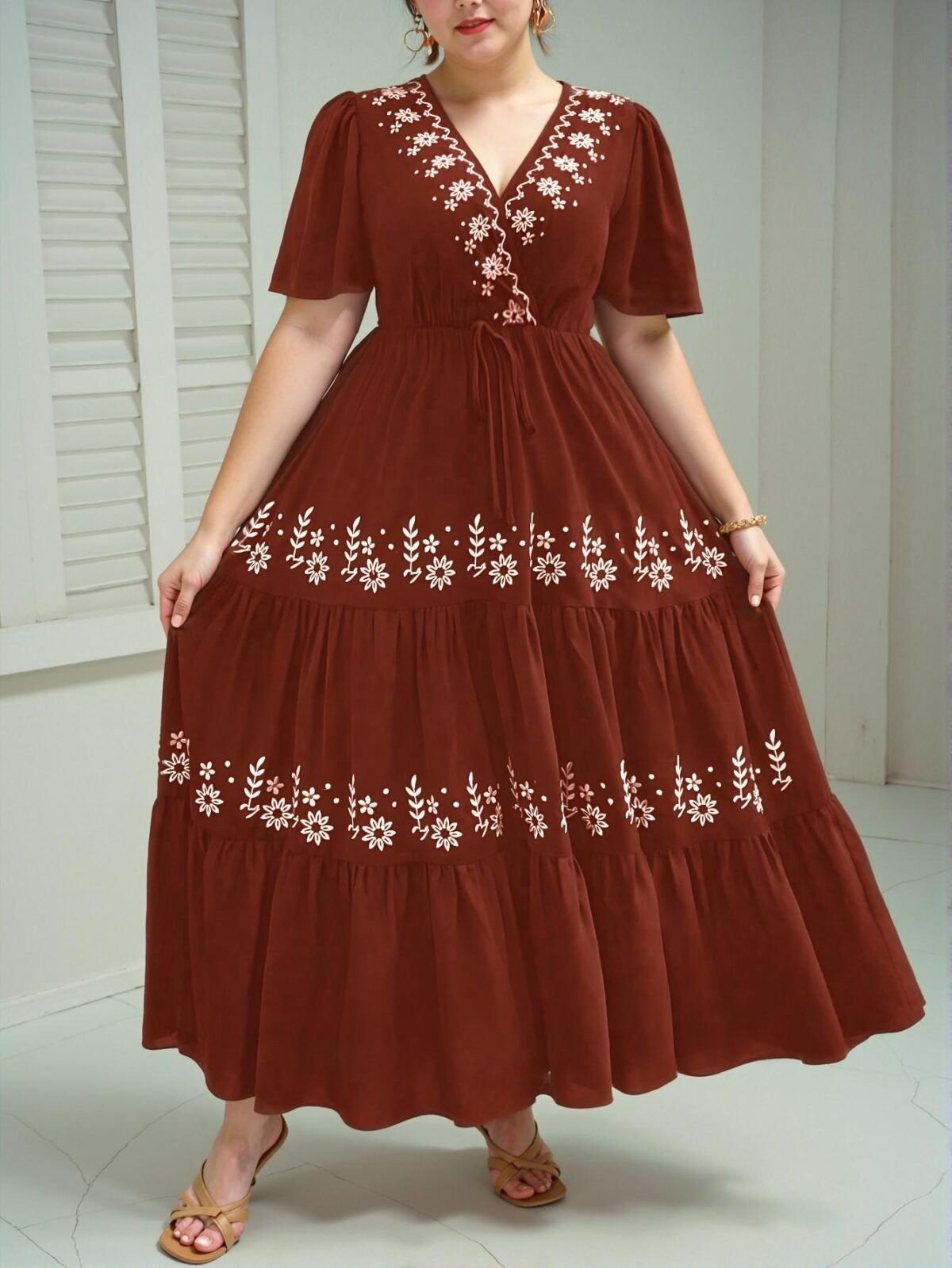 Elegant Coffee Brown Floral Embroidery Ruffle Hem Short Sleeve Dress with Cross V-Neck Design, Boho Style for Spring and Summer "Chic, Classy and Trendy Fashion Style to Dress to Impress" - Image 5