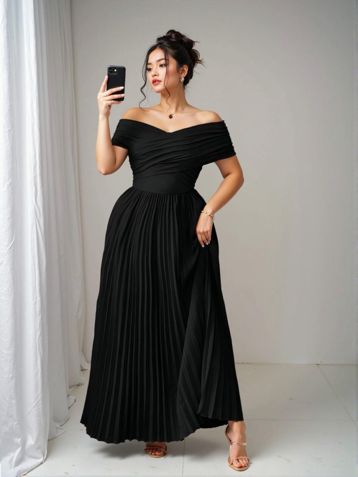 Elegant Black Off-Shoulder Pleated Ruched Waist Plus Size Dress for Graduation and Birthdays, Casual Chic Outfit for Spring and Summer - Chic, Classy and Trendy Fashion Style to Dress to Impress