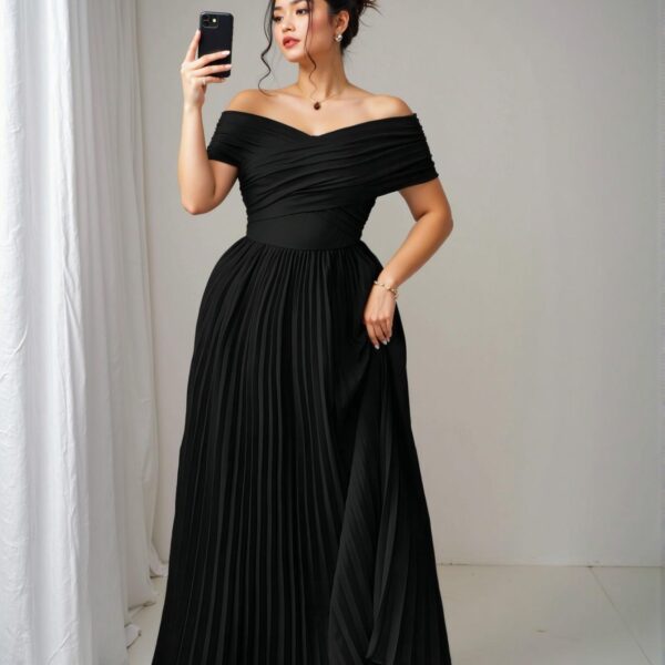 Elegant Black Off-Shoulder Pleated Ruched Waist Plus Size Dress for Graduation and Birthdays, Casual Chic Outfit for Spring and Summer - Chic, Classy and Trendy Fashion Style to Dress to Impress