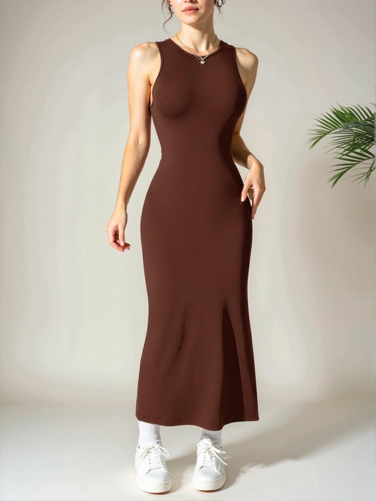 Elegant Coffee Brown Chic Midi Backless Dress with Fish Tail Hem for Spring and Summer - Chic, Classy and Trendy Fashion Style to Dress to Impress - Image 2