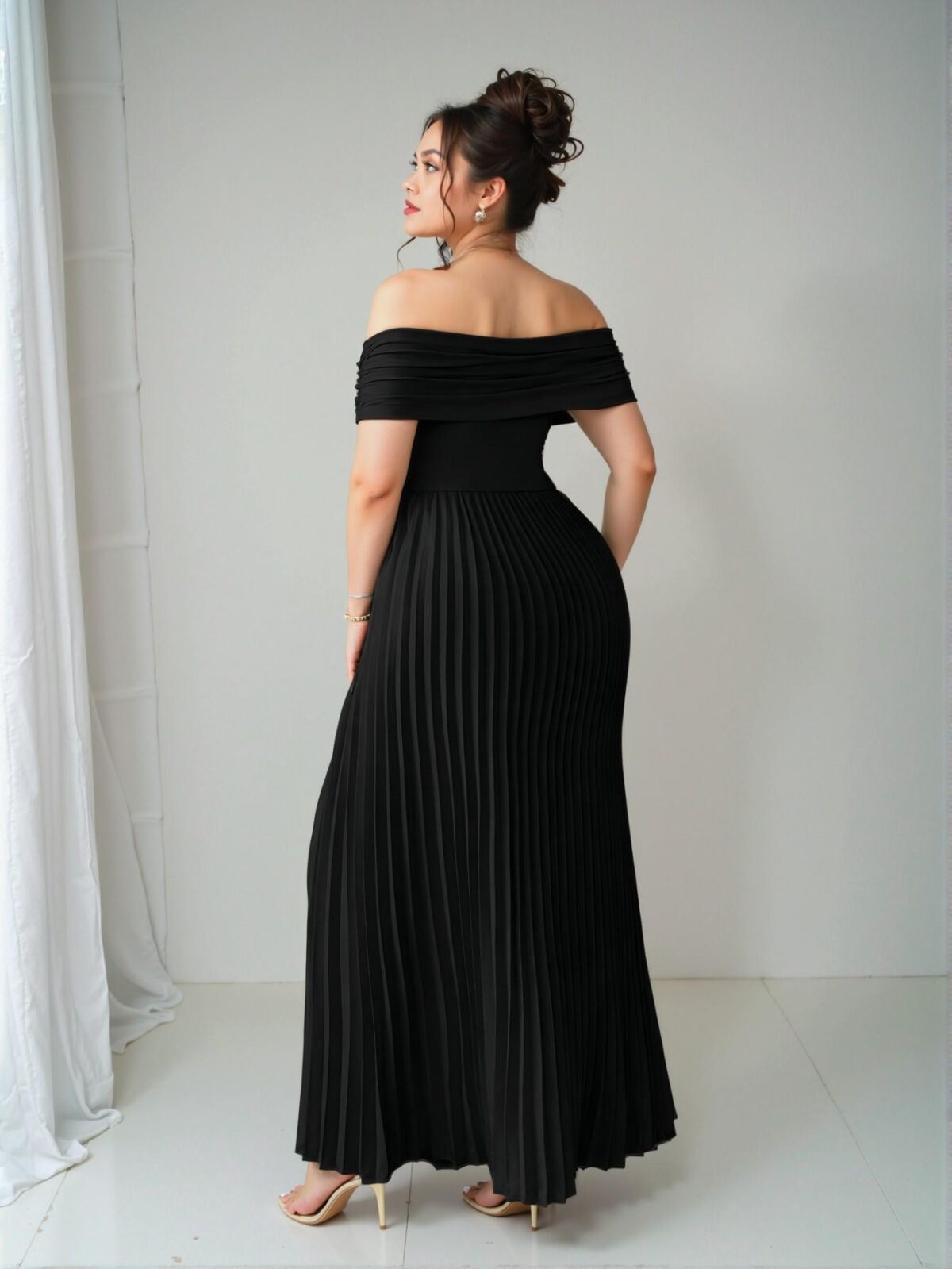 Elegant Black Off-Shoulder Pleated Ruched Waist Plus Size Dress for Graduation and Birthdays, Casual Chic Outfit for Spring and Summer - Chic, Classy and Trendy Fashion Style to Dress to Impress - Image 2