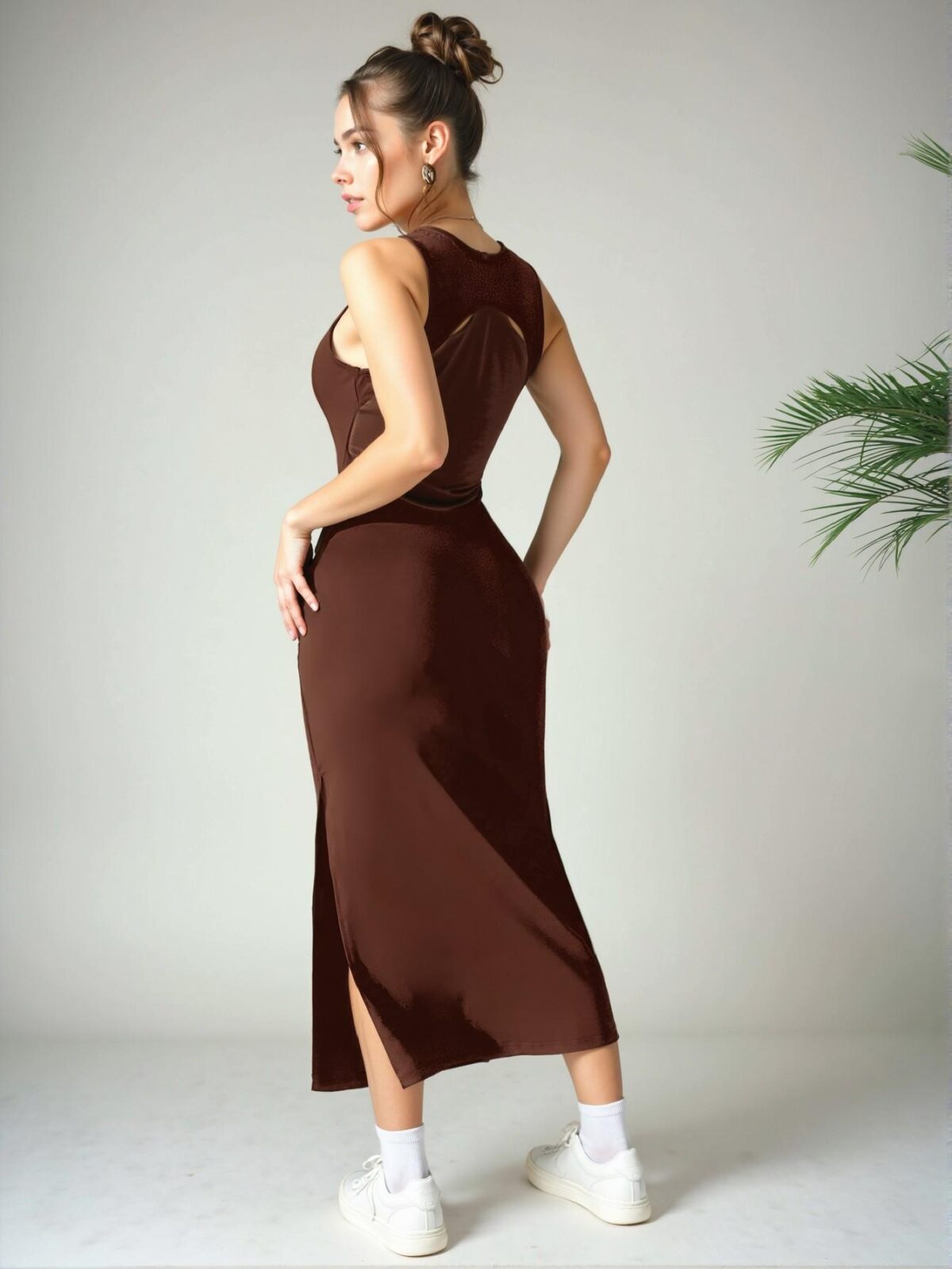 Elegant Coffee Brown Chic Midi Backless Dress with Fish Tail Hem for Spring and Summer - Chic, Classy and Trendy Fashion Style to Dress to Impress - Image 4