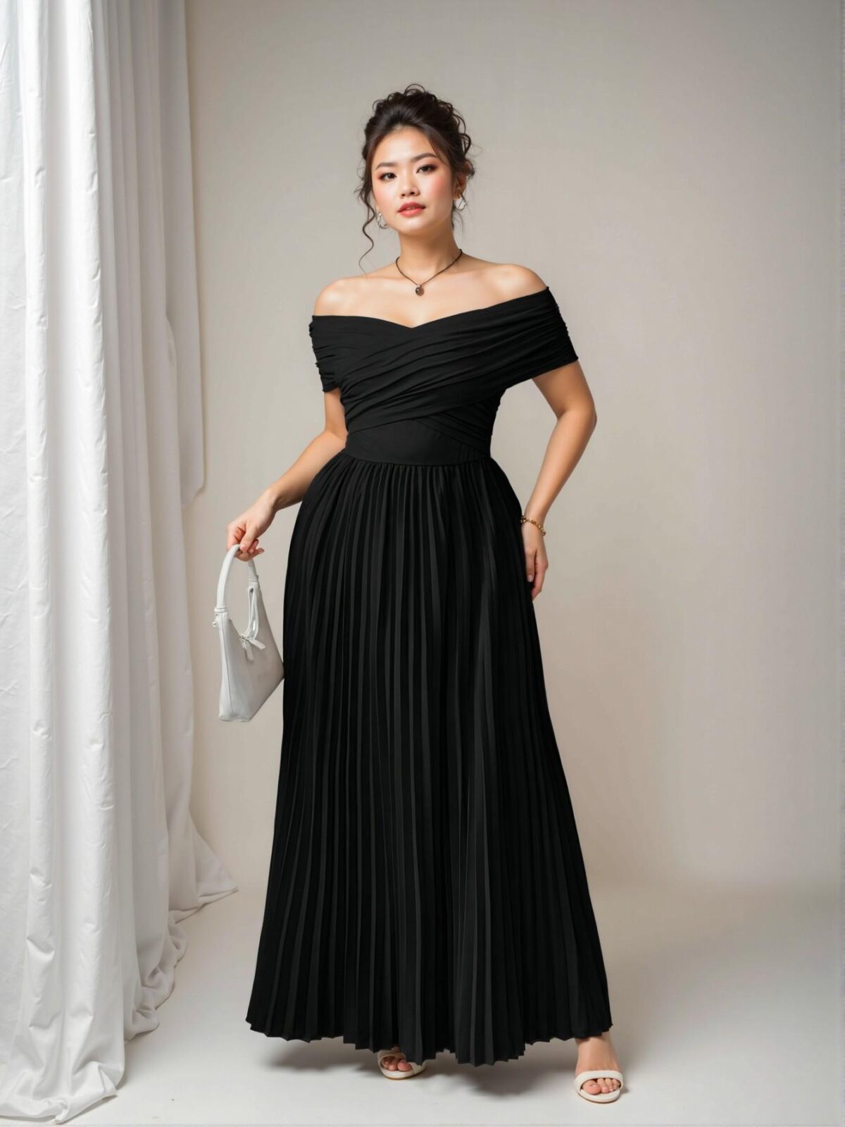 Elegant Black Off-Shoulder Pleated Ruched Waist Plus Size Dress for Graduation and Birthdays, Casual Chic Outfit for Spring and Summer - Chic, Classy and Trendy Fashion Style to Dress to Impress - Image 3