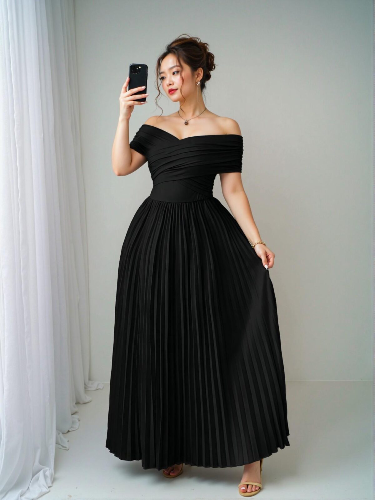 Elegant Black Off-Shoulder Pleated Ruched Waist Plus Size Dress for Graduation and Birthdays, Casual Chic Outfit for Spring and Summer - Chic, Classy and Trendy Fashion Style to Dress to Impress - Image 4