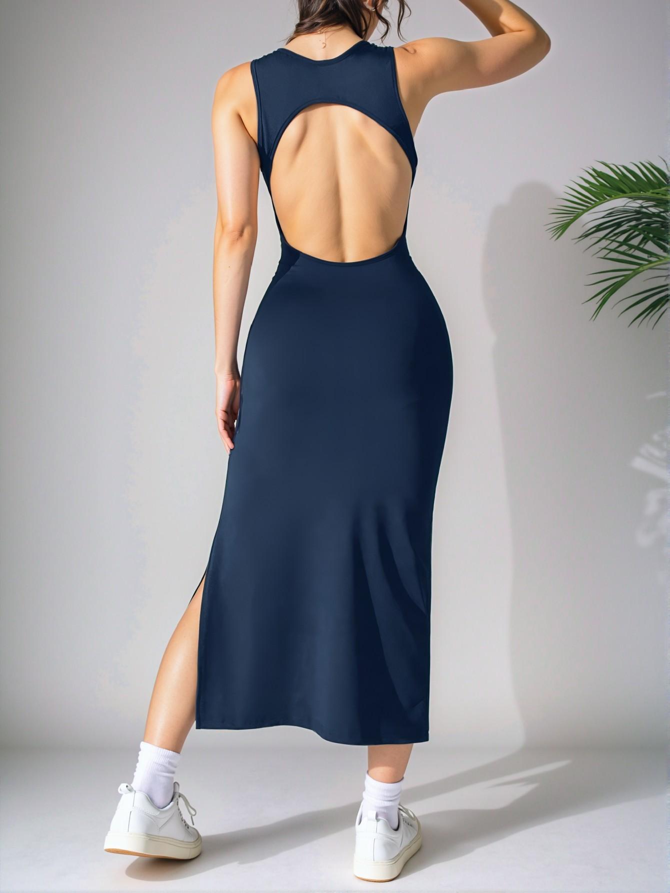 Elegant Navy Blue Stylish Sleeveless Tank Dress with Cut Out and Slit for Spring and Summer - Chic, Classy and Trendy Fashion Style to Dress to Impress