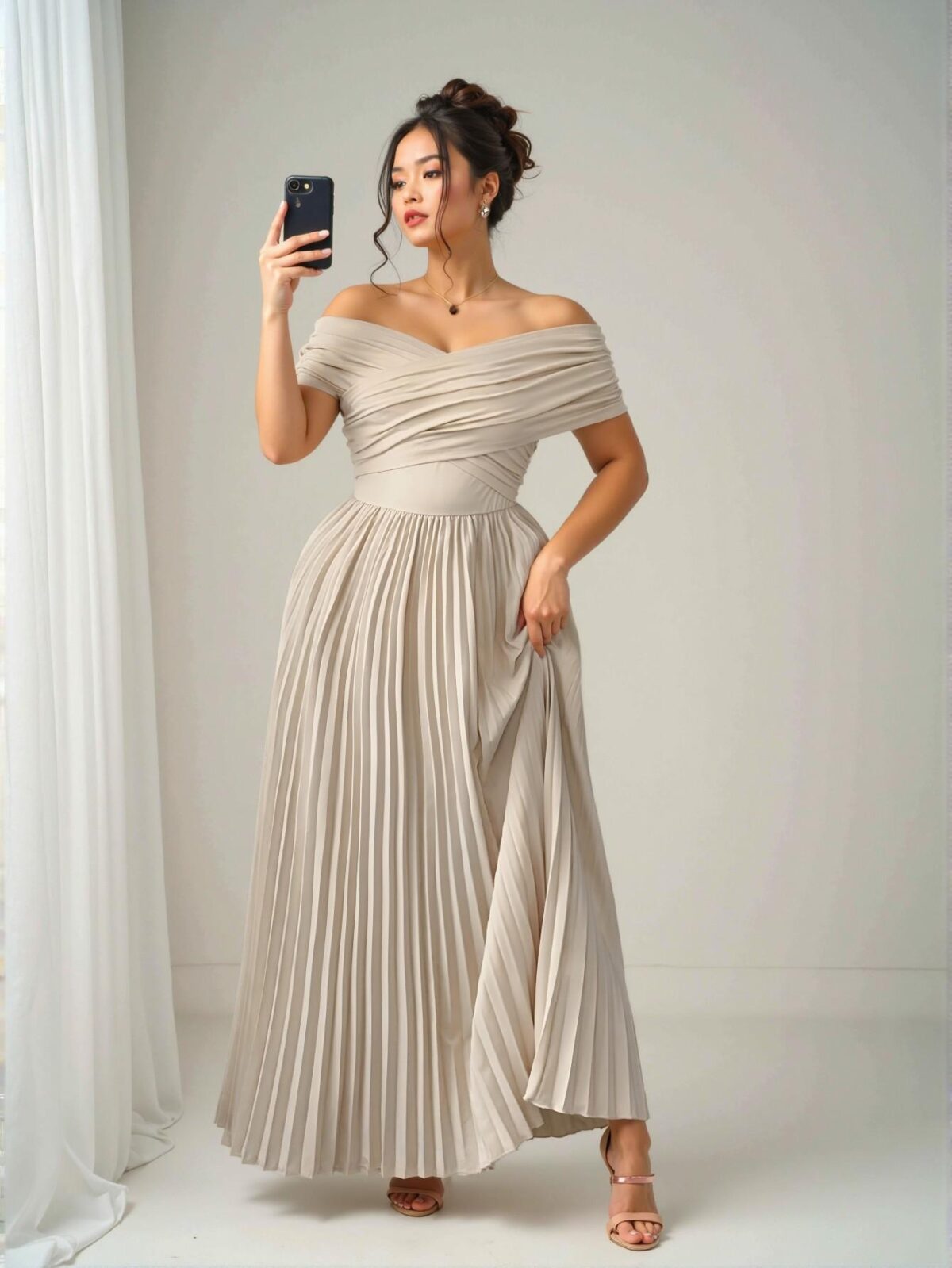Elegant Khaki Off-Shoulder Ruched Waist A-Line Dress, Perfect for Romantic Graduation Events in Spring and Summer - Chic, Classy and Trendy Fashion Style to Dress to Impress