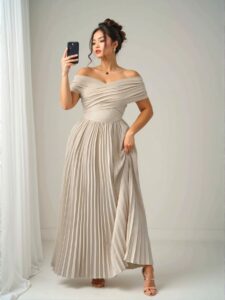 Elegant Khaki Off-Shoulder Ruched Waist A-Line Dress, Perfect for Romantic Graduation Events in Spring and Summer - Chic, Classy and Trendy Fashion Style to Dress to Impress