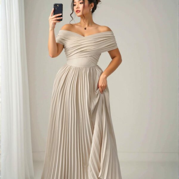 Elegant Khaki Off-Shoulder Ruched Waist A-Line Dress, Perfect for Romantic Graduation Events in Spring and Summer - Chic, Classy and Trendy Fashion Style to Dress to Impress