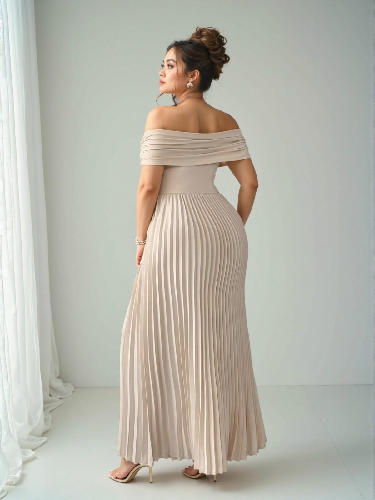 Elegant Khaki Off-Shoulder Ruched Waist A-Line Dress, Perfect for Romantic Graduation Events in Spring and Summer - Chic, Classy and Trendy Fashion Style to Dress to Impress - Image 2