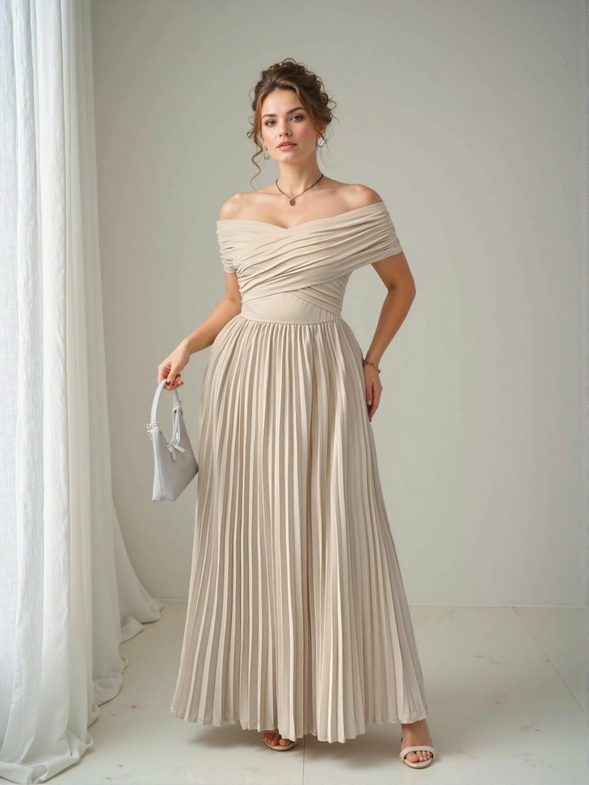 Elegant Khaki Off-Shoulder Ruched Waist A-Line Dress, Perfect for Romantic Graduation Events in Spring and Summer - Chic, Classy and Trendy Fashion Style to Dress to Impress - Image 3