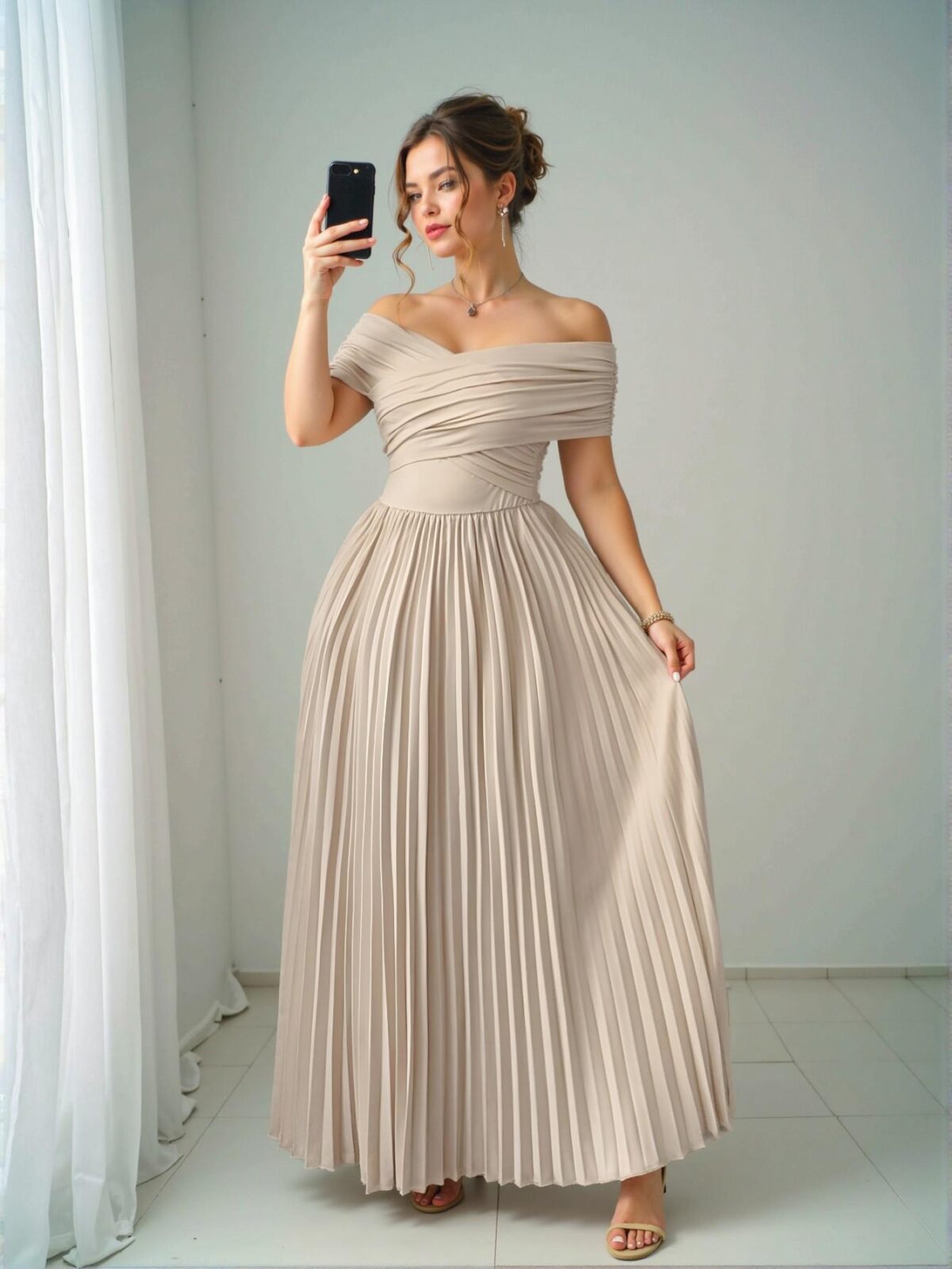 Elegant Khaki Off-Shoulder Ruched Waist A-Line Dress, Perfect for Romantic Graduation Events in Spring and Summer - Chic, Classy and Trendy Fashion Style to Dress to Impress - Image 4
