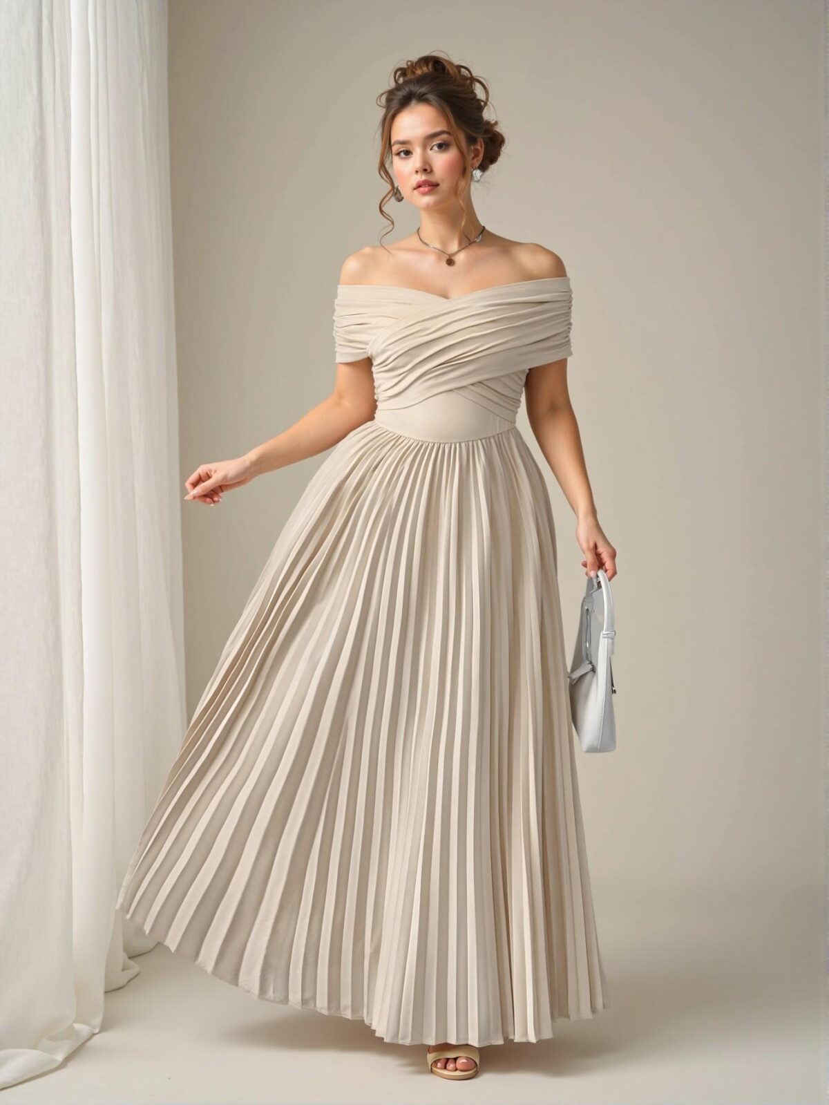 Elegant Khaki Off-Shoulder Ruched Waist A-Line Dress, Perfect for Romantic Graduation Events in Spring and Summer - Chic, Classy and Trendy Fashion Style to Dress to Impress - Image 5