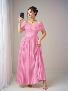 Elegant Pink Off-the-Shoulder Ruched Waist Midi Dress for Plus Size Women – Perfect for Graduation, Birthdays, and Casual Spring/Summer Occasions – Chic, Classy and Trendy Fashion Style to Dress to Impress