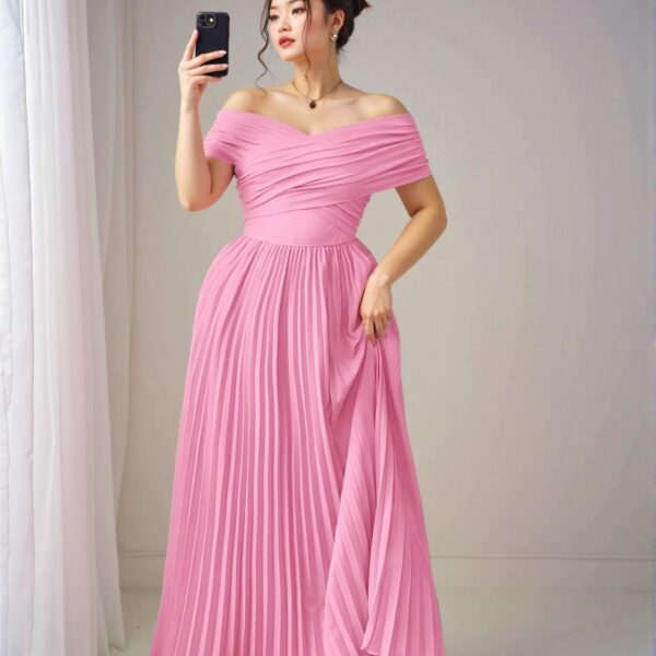 Elegant Pink Off-the-Shoulder Ruched Waist Midi Dress for Plus Size Women – Perfect for Graduation, Birthdays, and Casual Spring/Summer Occasions – Chic, Classy and Trendy Fashion Style to Dress to Impress