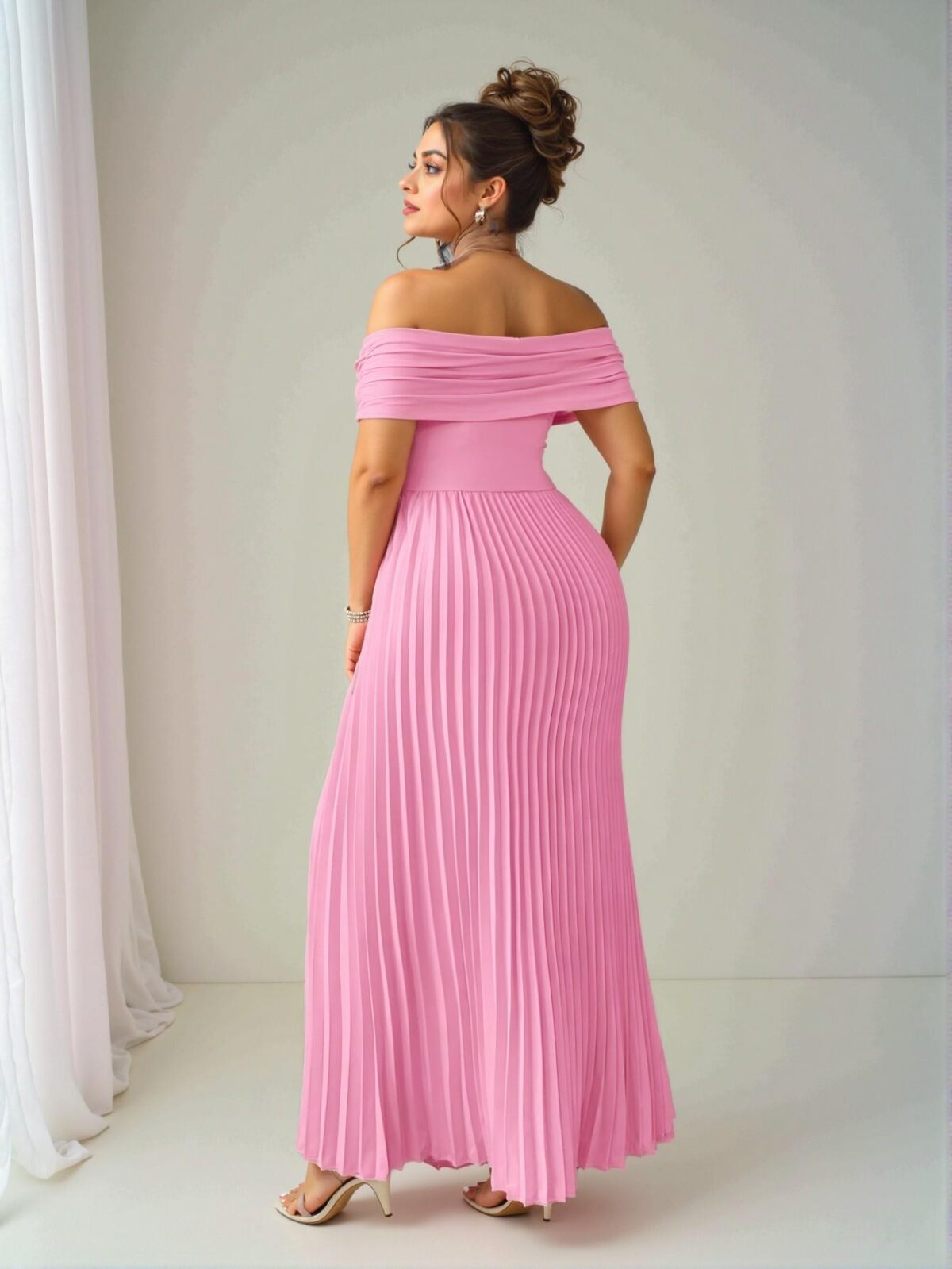 Elegant Pink Off-the-Shoulder Ruched Waist Midi Dress for Plus Size Women – Perfect for Graduation, Birthdays, and Casual Spring/Summer Occasions – Chic, Classy and Trendy Fashion Style to Dress to Impress - Image 2