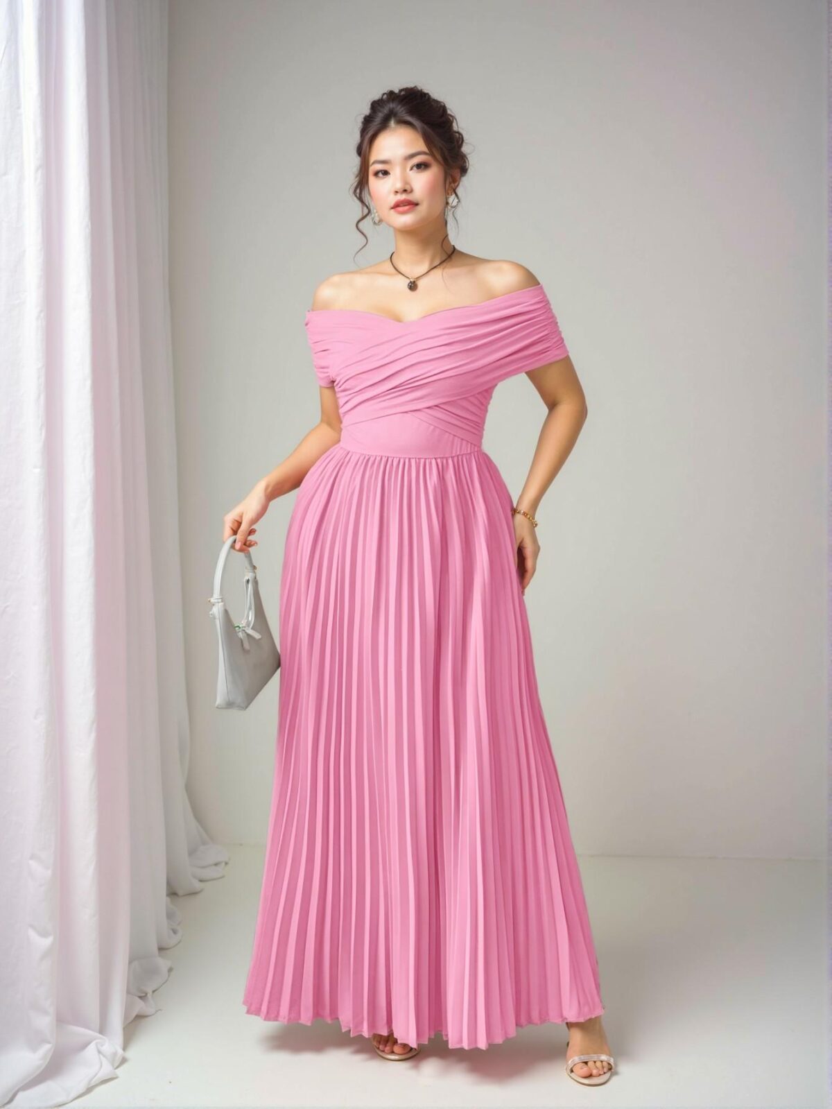 Elegant Pink Off-the-Shoulder Ruched Waist Midi Dress for Plus Size Women – Perfect for Graduation, Birthdays, and Casual Spring/Summer Occasions – Chic, Classy and Trendy Fashion Style to Dress to Impress - Image 4
