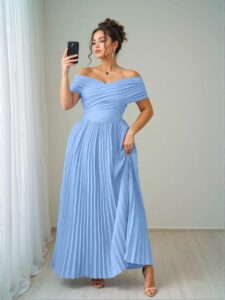 Elegant Baby Blue Off the Shoulder Ruched Waist A-Line Midi Graduation Dress for Plus Size Women - Chic, Classy and Trendy Fashion Style to Dress to Impress